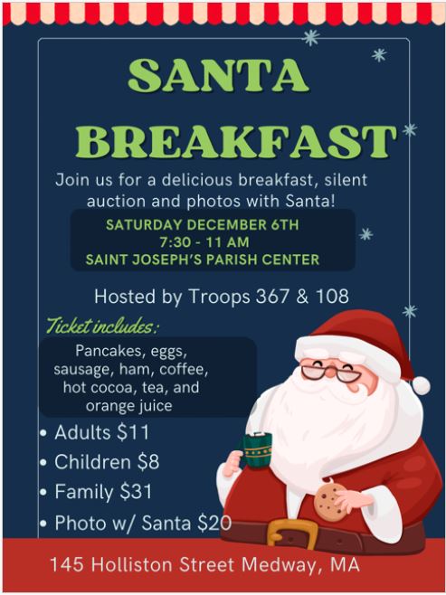 Medway’s Annual Breakfast Event with Santa Returns to Fundraise Medway BSA Scout Troops