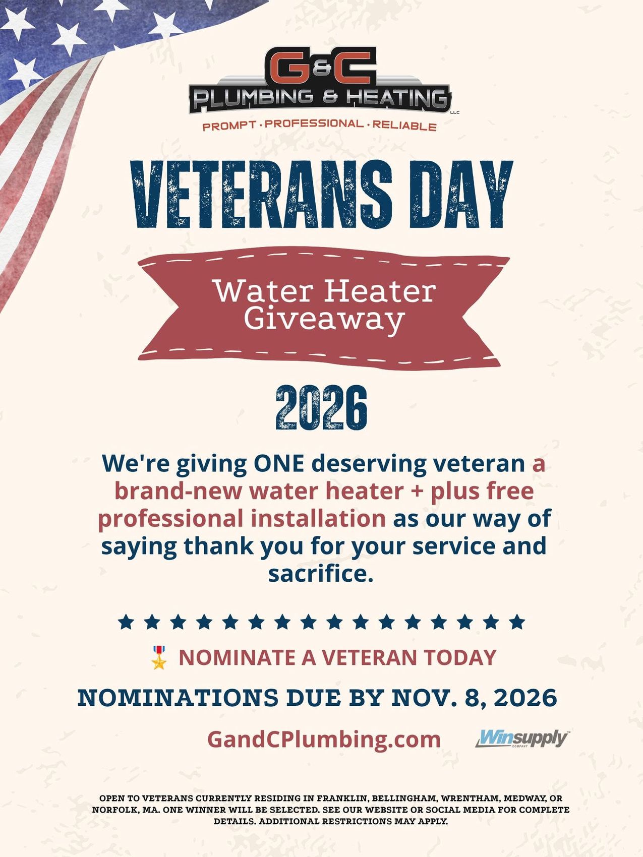 G&C Plumbing & Heating Announces 2026 Veterans Day Water Heater Giveaway